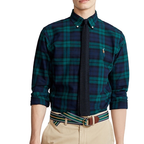 NWT Polo Ralph Lauren Men XL Slim Fit Tartan Navy Green Oxford Shirt